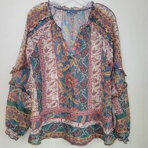Democracy V neck Top Ruffled Sleeves Boho Indie Floral Metallic Detail Woman's M